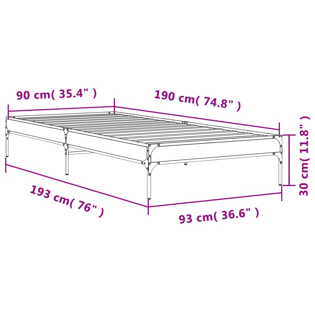 vidaXL Πλαίσιο Κρεβατιού Καπνιστή Δρυς 90 x 190εκ. Επεξ.Ξύλο & Μέταλλο