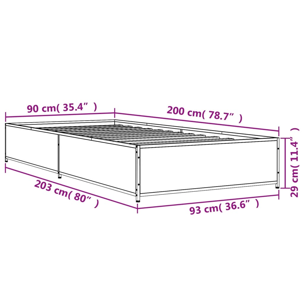 vidaXL Πλαίσιο Κρεβατιού Γκρι Sonoma 90x200 εκ. Επεξ. Ξύλο & Μέταλλο