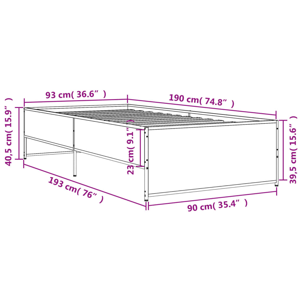 vidaXL Πλαίσιο Κρεβατιού Γκρι Sonoma 90 x 190 εκ. Επεξ. Ξύλο & Μέταλλο