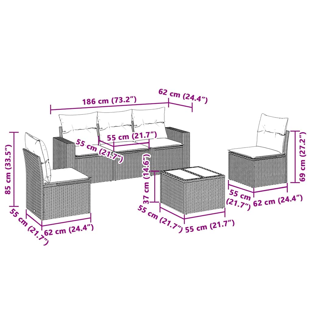 vidaXL Σαλόνι Κήπου Σετ 6 Τεμαχίων Γκρι Συνθετικό Ρατάν με Μαξιλάρια