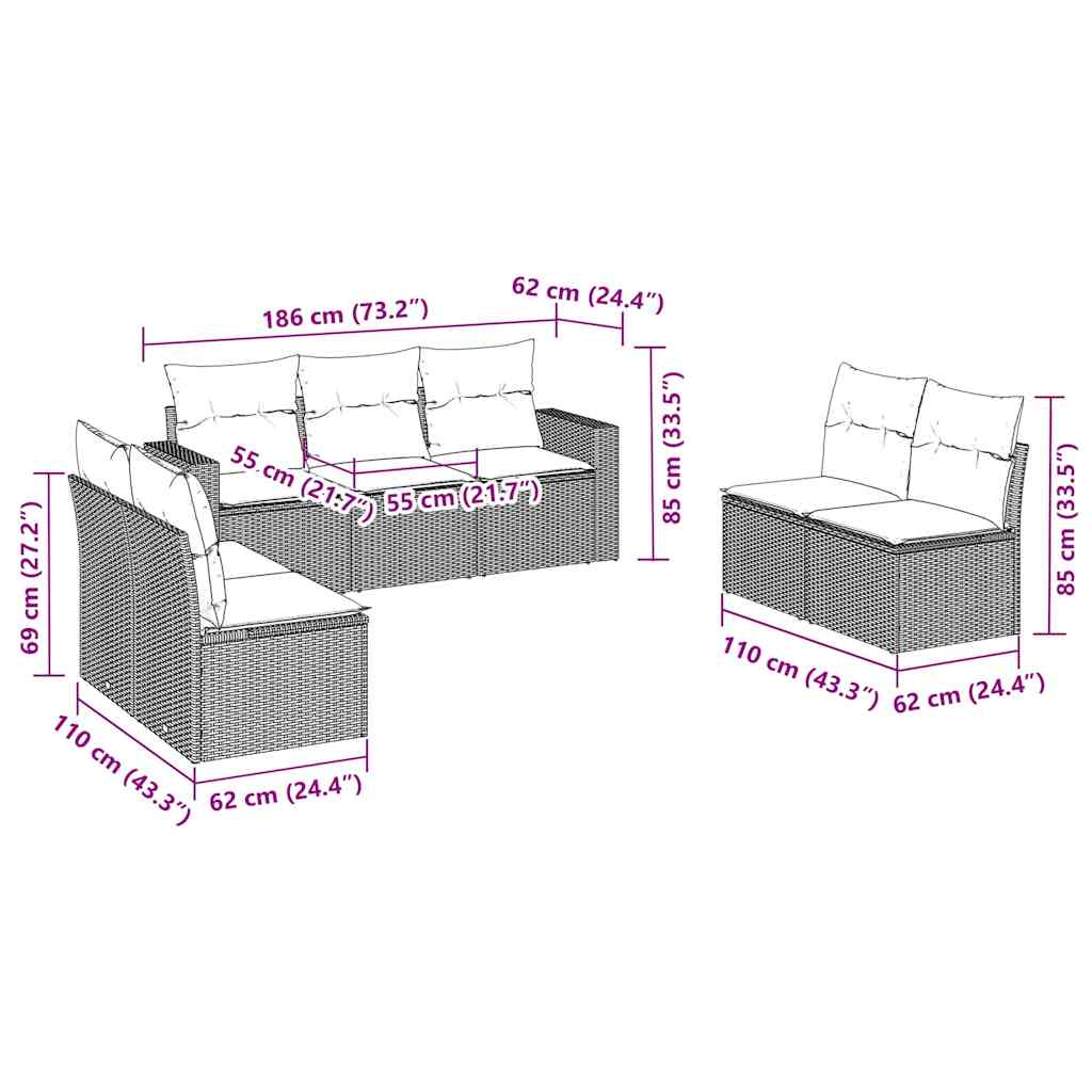 vidaXL Σαλόνι Κήπου Σετ 7 Τεμαχίων Καφέ Συνθετικό Ρατάν με Μαξιλάρια