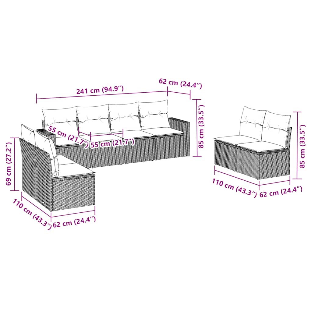 vidaXL Σαλόνι Κήπου Σετ 8 Τεμαχίων Καφέ Συνθετικό Ρατάν με Μαξιλάρια