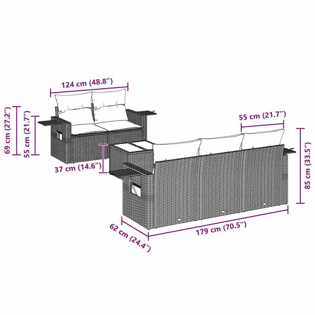 vidaXL Καναπές Κήπου 6 Τεμαχίων Μαύρο από Συνθετικό Ρατάν με Μαξιλάρια