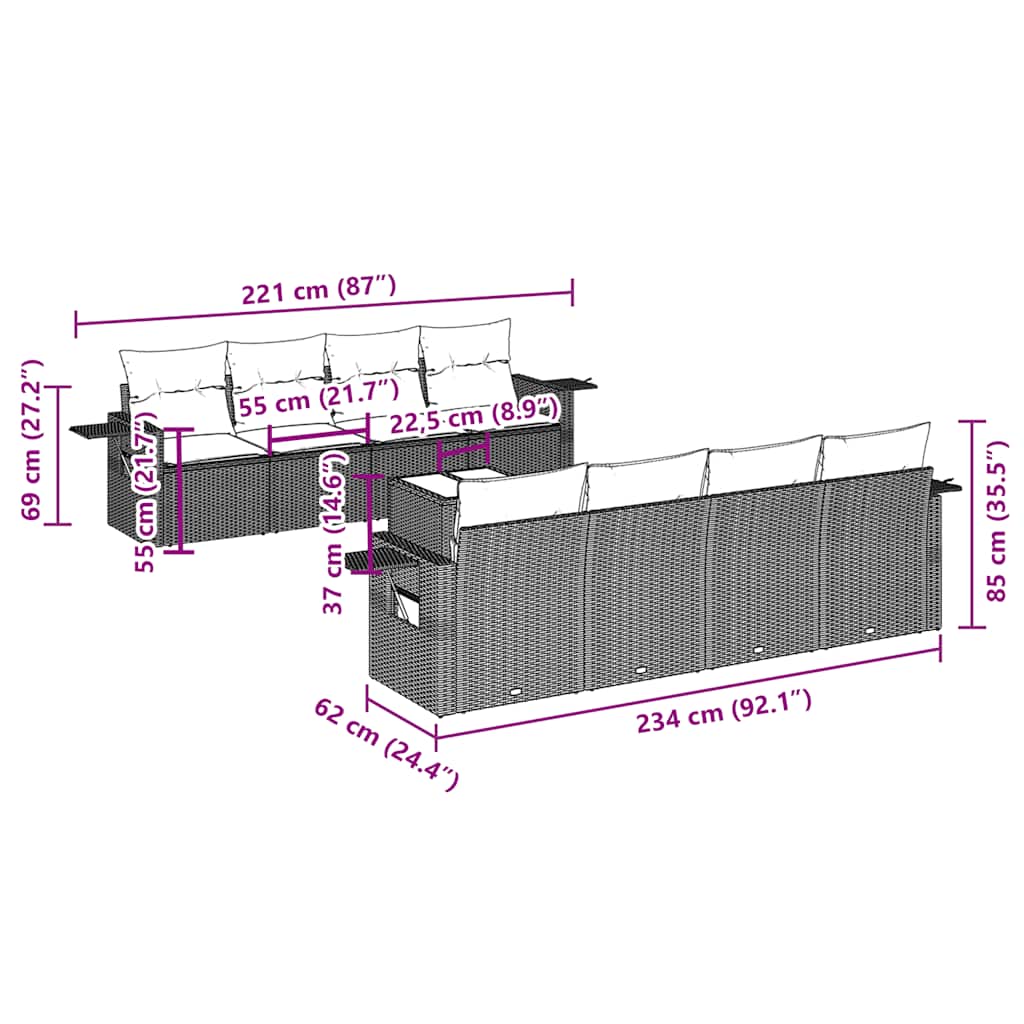 vidaXL Σαλόνι Κήπου Σετ 9 Τεμαχίων Μαύρο από Συνθ. Ρατάν με Μαξιλάρια