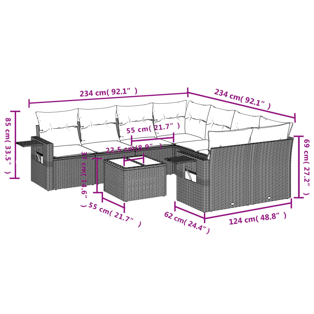 vidaXL Σαλόνι Κήπου Σετ 9 τεμ. Μπεζ Συνθετικό Ρατάν με Μαξιλάρια