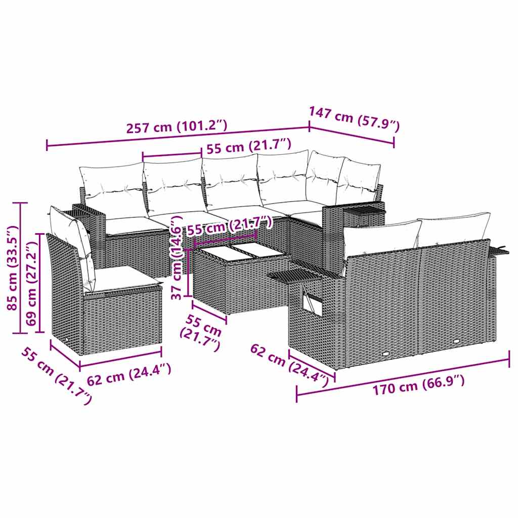 vidaXL Σαλόνι Κήπου Σετ 9 Τεμαχίων Μαύρο από Συνθ. Ρατάν με Μαξιλάρια