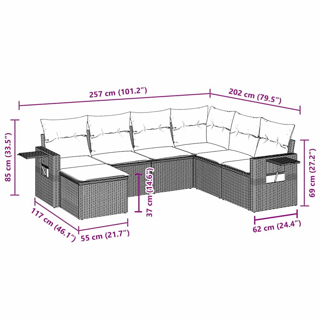 vidaXL Καναπές Σετ 7 Τεμαχίων Μαύρο Συνθετικό Ρατάν με Μαξιλάρια