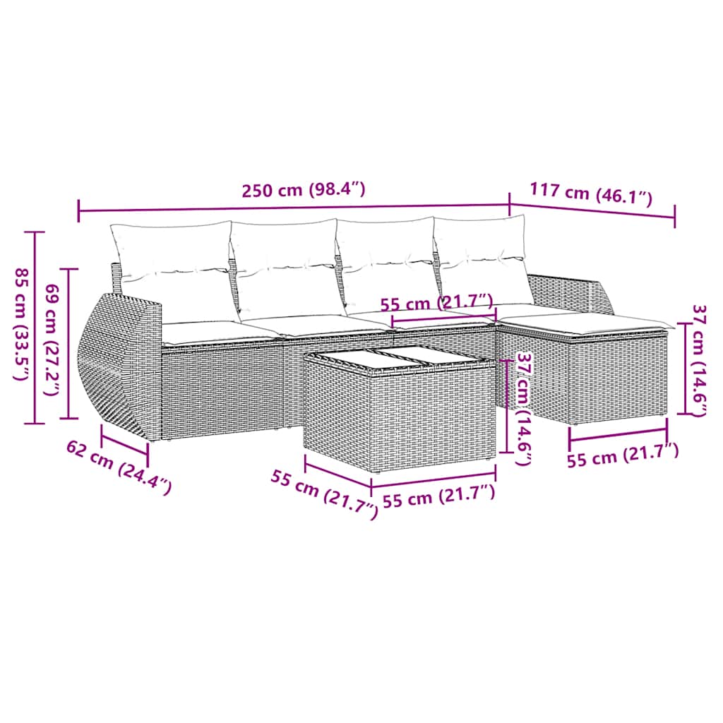 vidaXL Σαλόνι Κήπου Σετ 6 Τεμαχίων Γκρι Συνθετικό Ρατάν με Μαξιλάρια