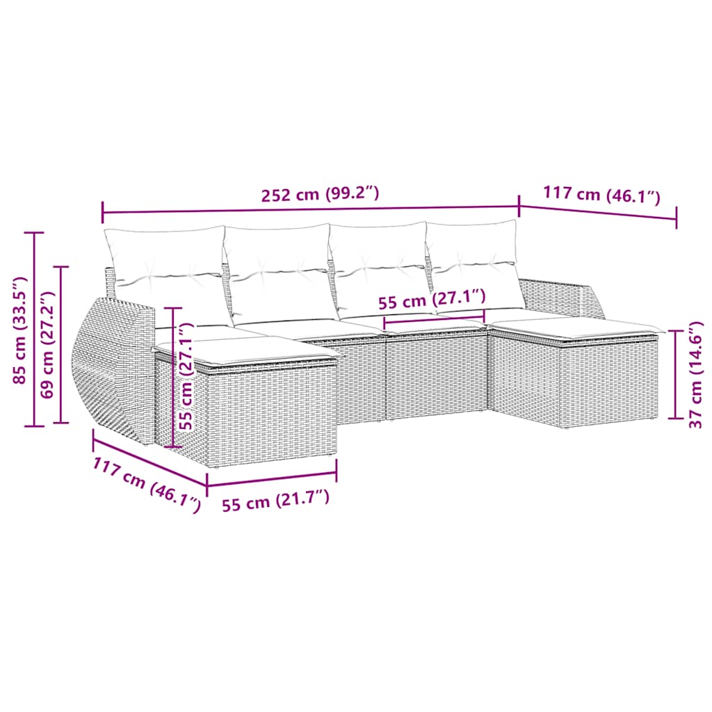 vidaXL Καναπές Κήπου 6 Τεμαχίων Μαύρο από Συνθετικό Ρατάν με Μαξιλάρια
