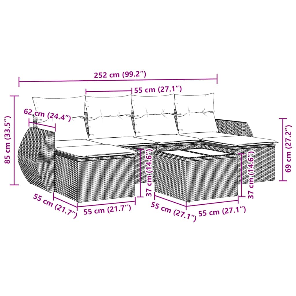 vidaXL Καναπές Σετ 7 Τεμαχίων Μαύρο Συνθετικό Ρατάν με Μαξιλάρια