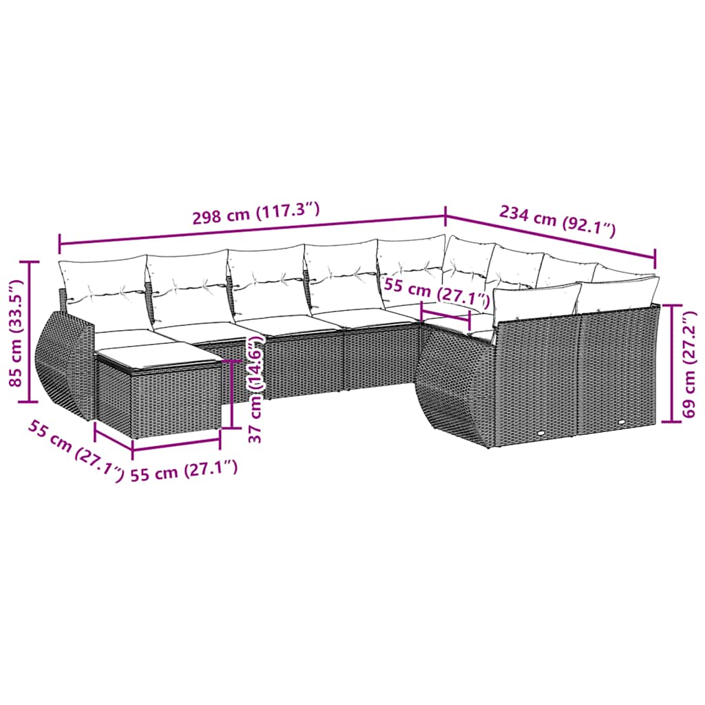 vidaXL Σαλόνι Κήπου Σετ 10 Τεμαχίων Μαύρο Συνθετικό Ρατάν με Μαξιλάρια