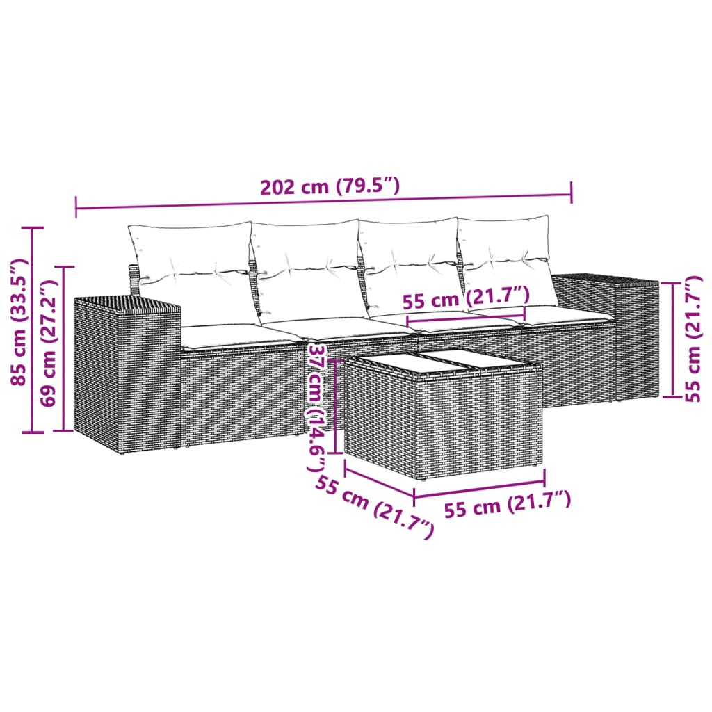 vidaXL Σαλόνι Κήπου Σετ 5 Τεμαχίων Γκρι Συνθετικό Ρατάν με Μαξιλάρια