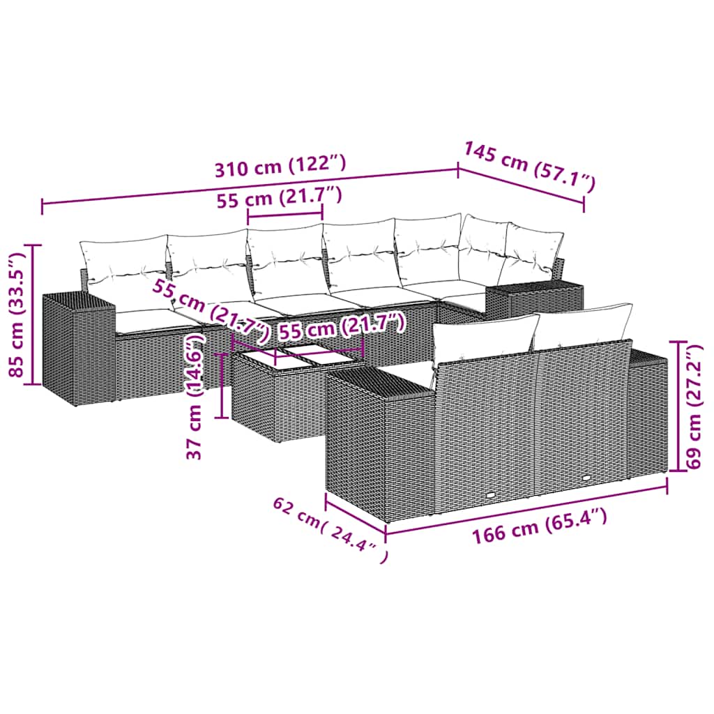 vidaXL Σαλόνι Κήπου Σετ 9 Τεμαχίων Γκρι Συνθετικό Ρατάν με Μαξιλάρια