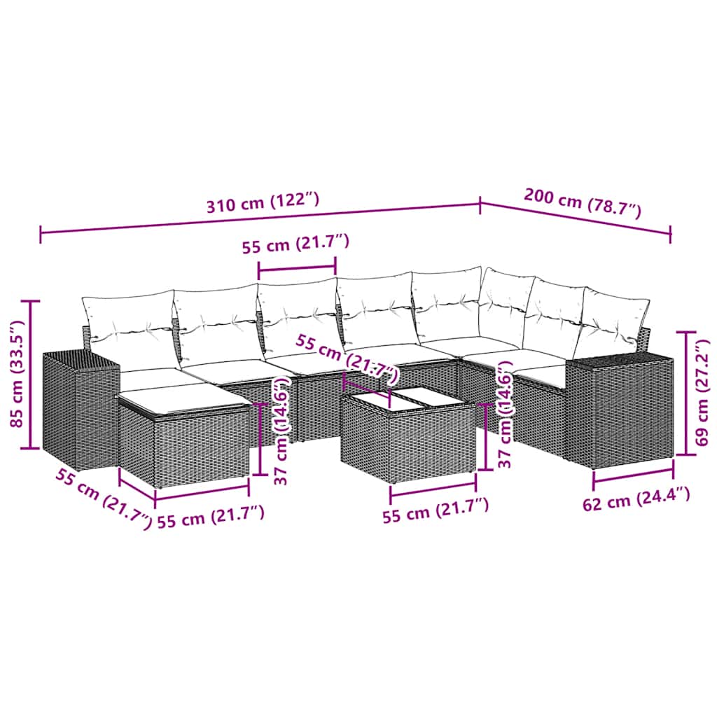 vidaXL Σαλόνι Κήπου Σετ 9 Τεμαχίων Μαύρο από Συνθ. Ρατάν με Μαξιλάρια