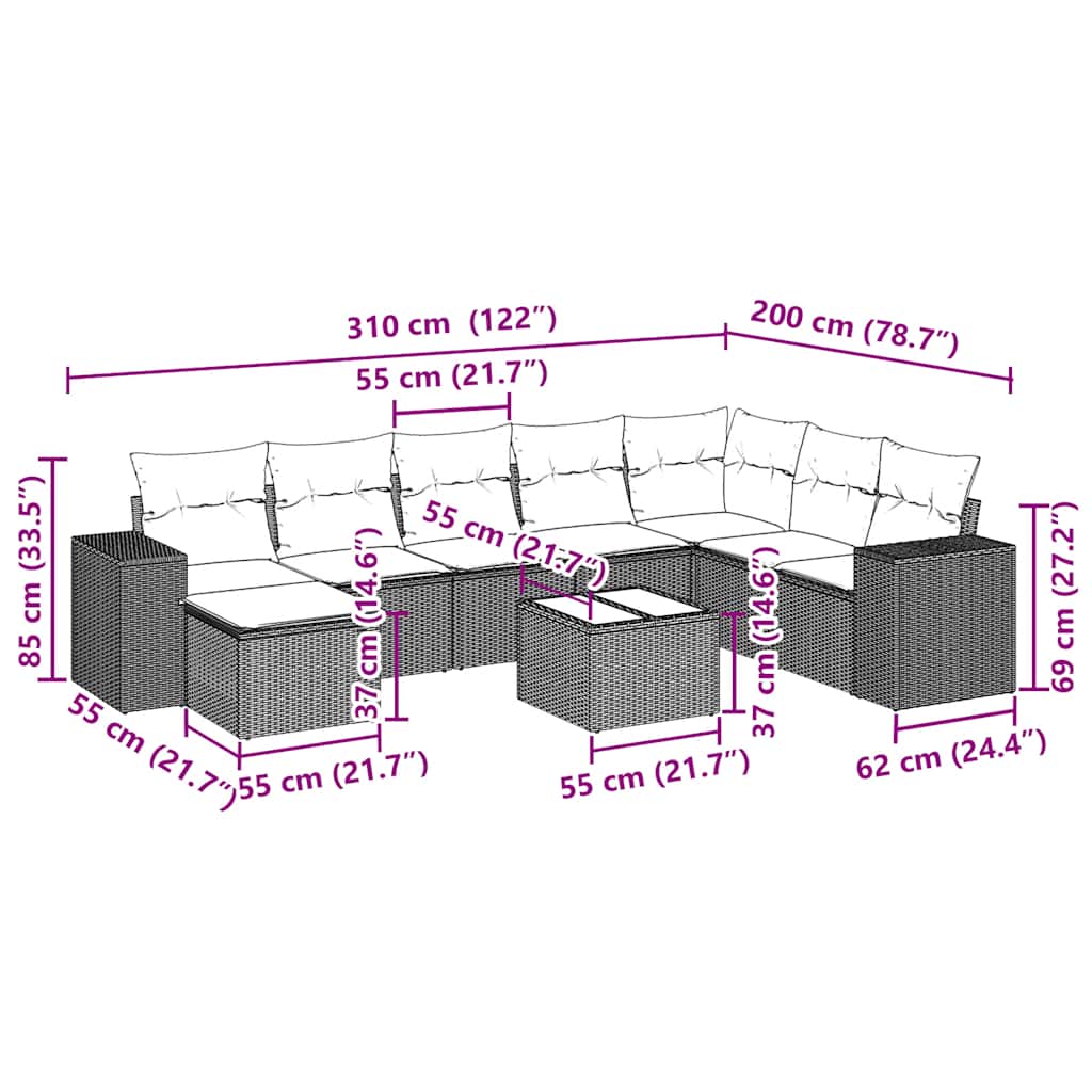 vidaXL Σαλόνι Κήπου Σετ 9 Τεμαχίων Γκρι Συνθετικό Ρατάν με Μαξιλάρια
