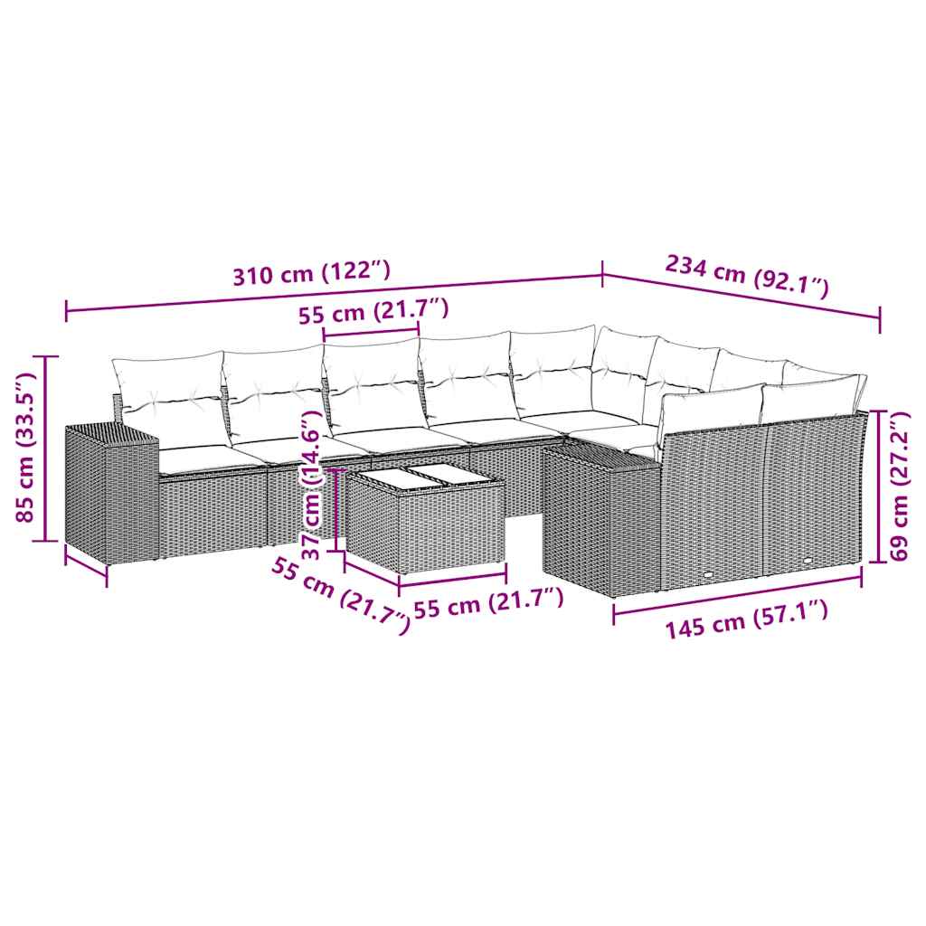 vidaXL Σαλόνι Κήπου Σετ 10 Τεμαχίων Μαύρο Συνθετικό Ρατάν με Μαξιλάρια