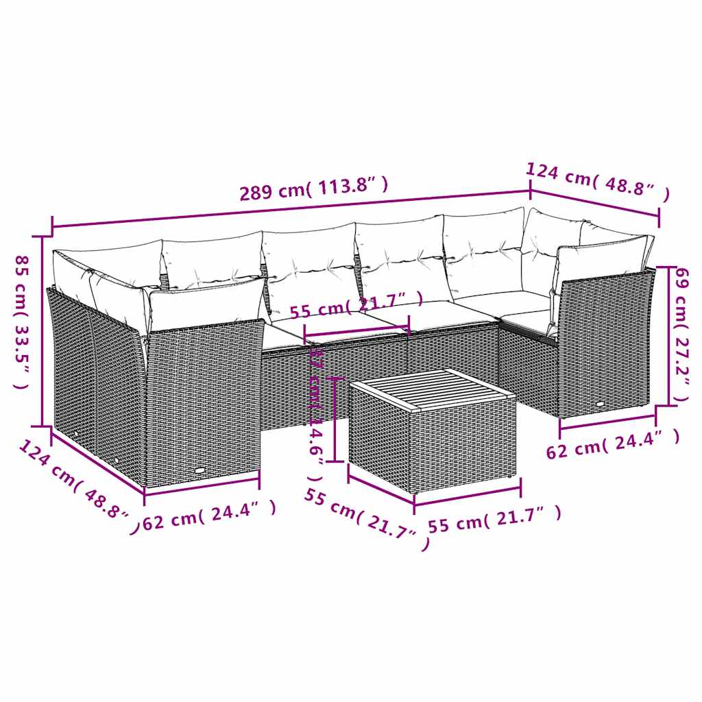 vidaXL Σετ Σαλονιού Κήπου 8 τεμ. Γκρι Συνθετικό Ρατάν με Μαξιλάρια