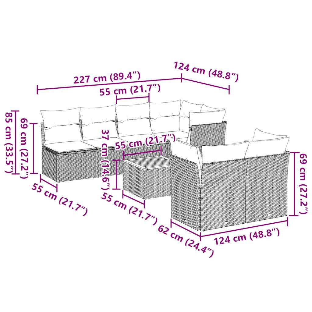 vidaXL Σετ Σαλονιού Κήπου 8 τεμ. Γκρι Συνθετικό Ρατάν με Μαξιλάρια