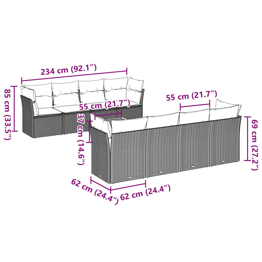 vidaXL Σετ Σαλονιού Κήπου 9 τεμ. Γκρι Συνθετικό Ρατάν με Μαξιλάρια