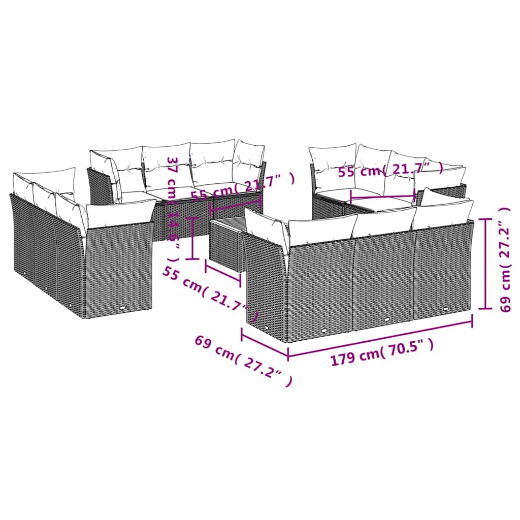 vidaXL Σαλόνι Κήπου 13 Τεμαχίων Γκρι από Συνθετικό Ρατάν με Μαξιλάρια