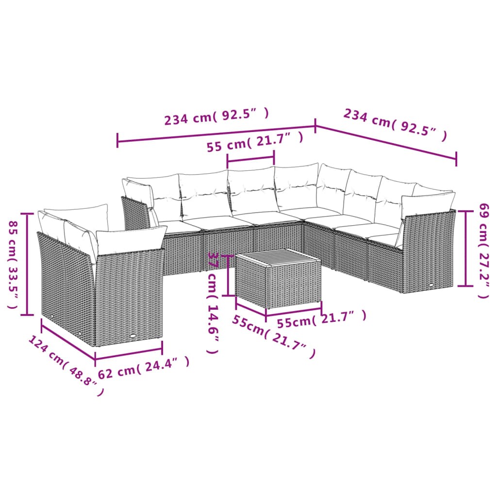 vidaXL Σαλόνι Κήπου Σετ 11 Τεμαχίων Μαύρο Συνθετικό Ρατάν με Μαξιλάρια