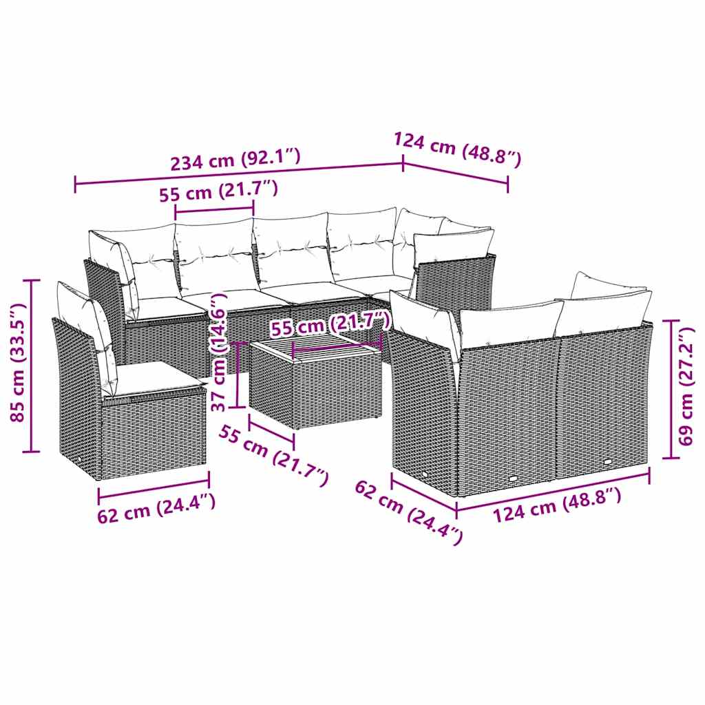 vidaXL Σαλόνι Κήπου Σετ 9 Τεμαχίων Μαύρο από Συνθ. Ρατάν με Μαξιλάρια