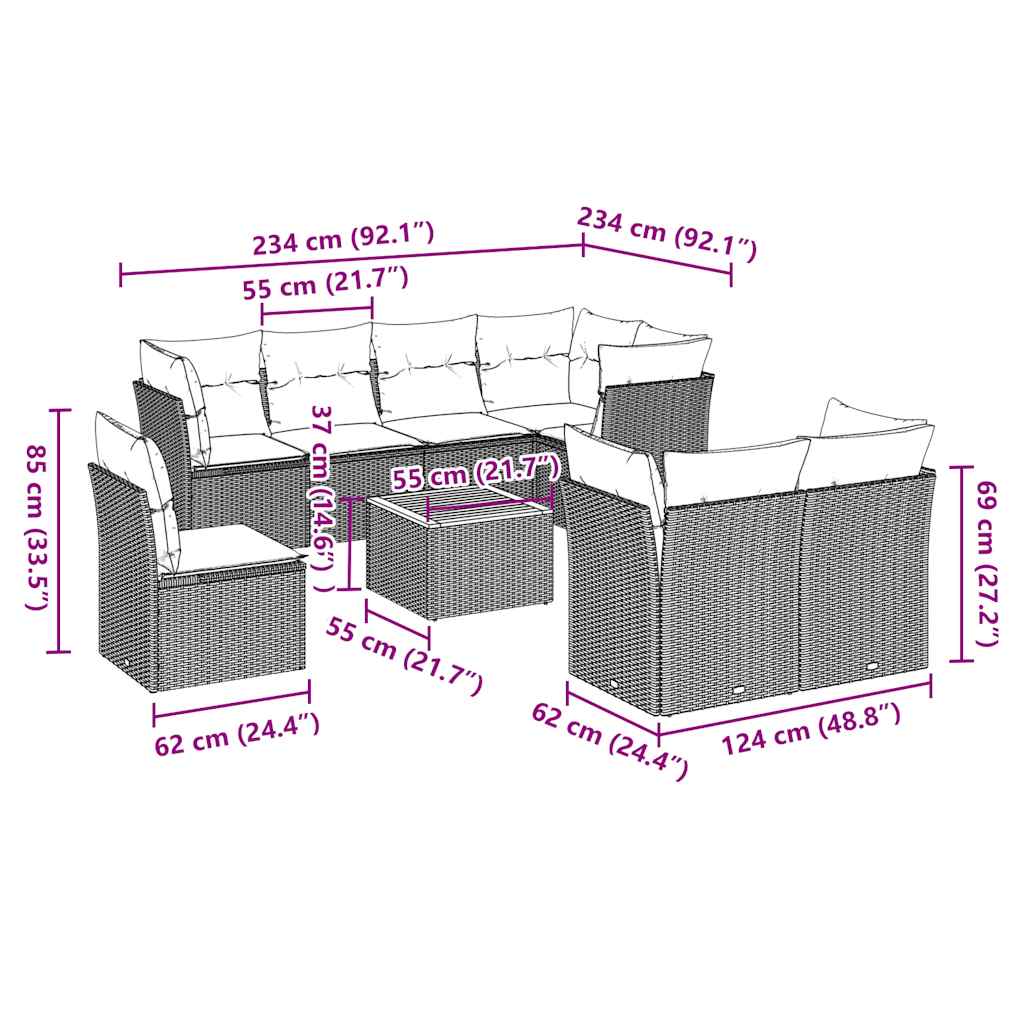 vidaXL Σετ Σαλονιού Κήπου 9 τεμ. Γκρι Συνθετικό Ρατάν με Μαξιλάρια