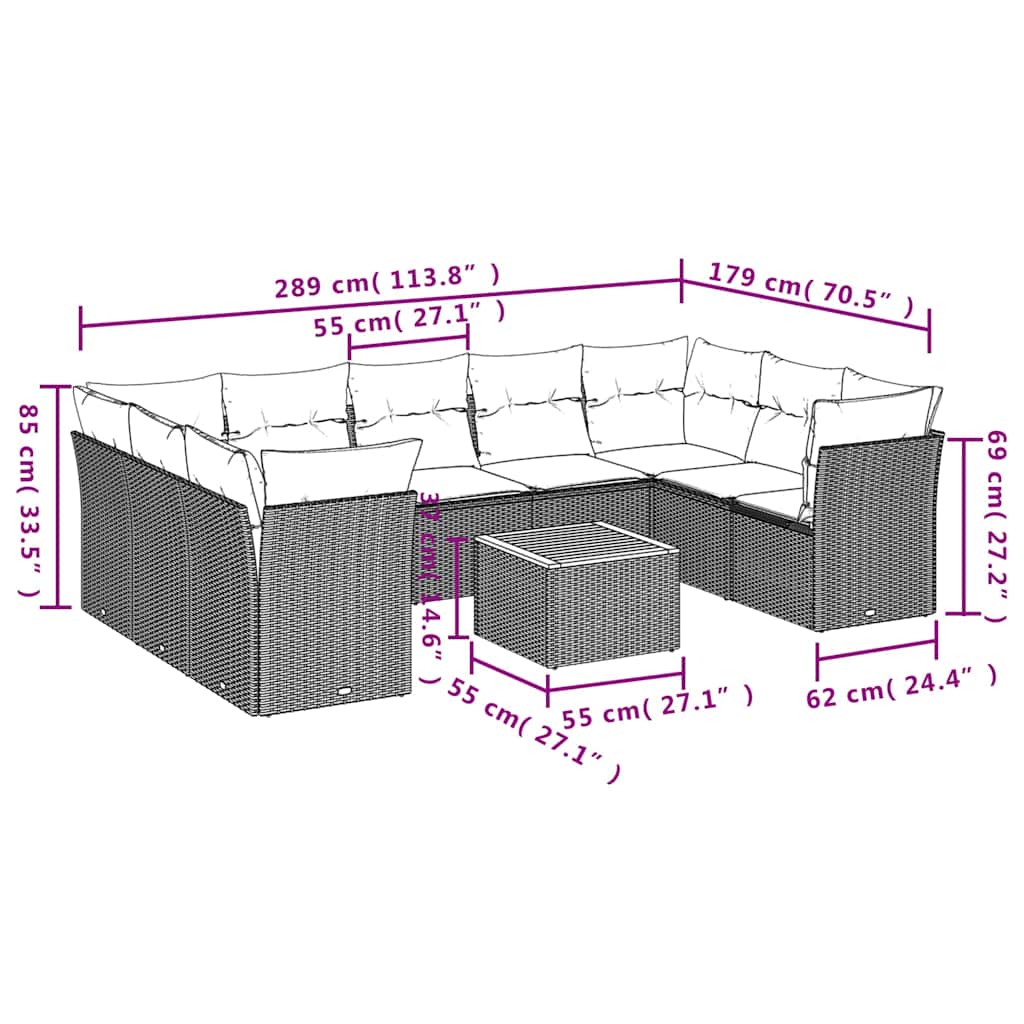 vidaXL Σαλόνι Κήπου Σετ 10 Τεμαχίων Μαύρο Συνθετικό Ρατάν με Μαξιλάρια