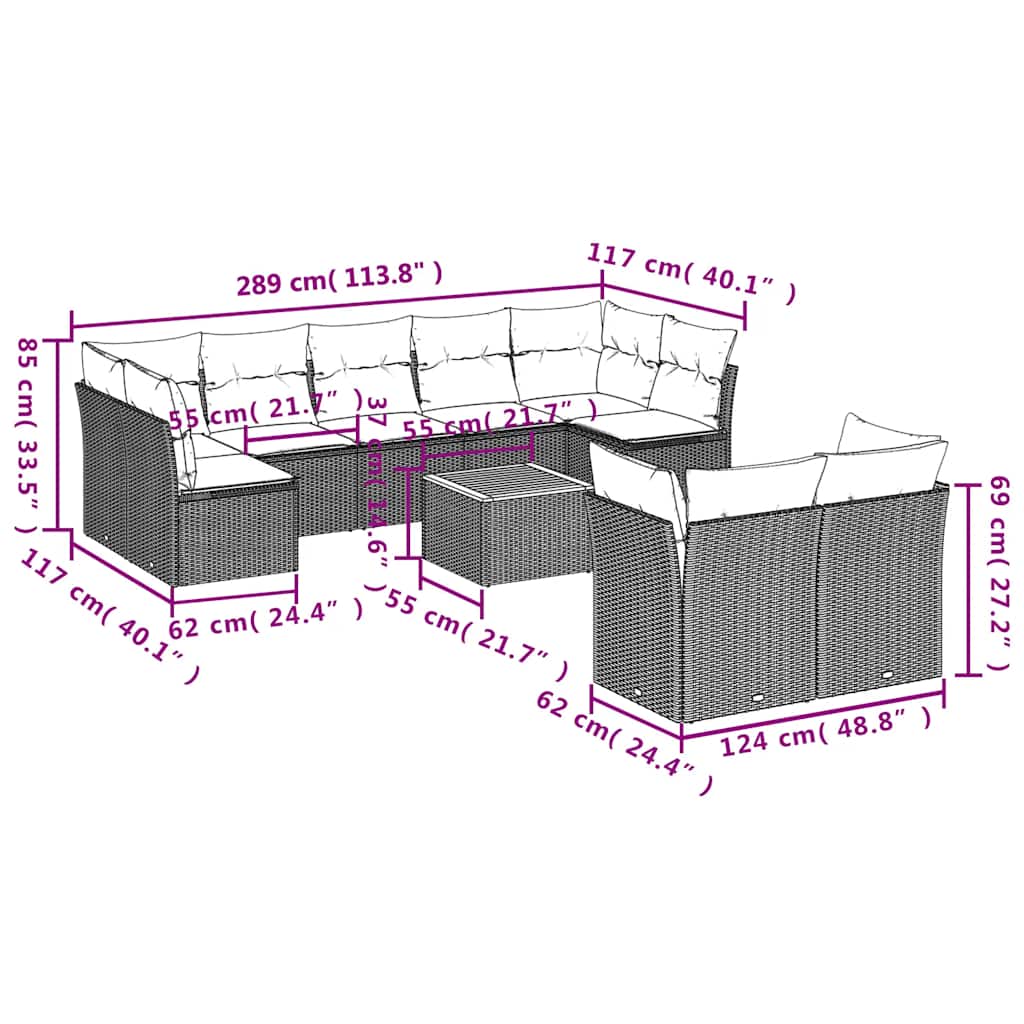 vidaXL Σαλόνι Κήπου Σετ 10 Τεμαχίων Μαύρο Συνθετικό Ρατάν με Μαξιλάρια