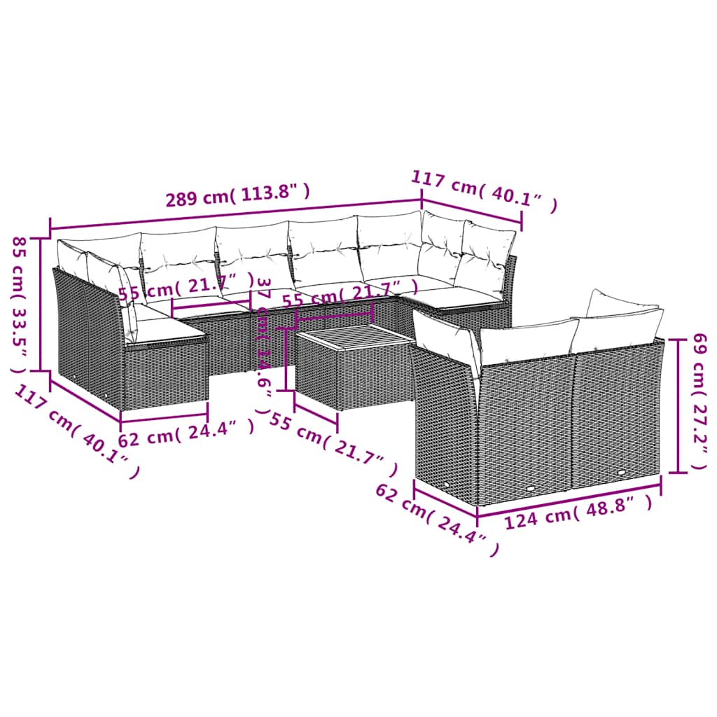 vidaXL Σετ Σαλονιού Κήπου 10 τεμ. Γκρι Συνθετικό Ρατάν με Μαξιλάρια
