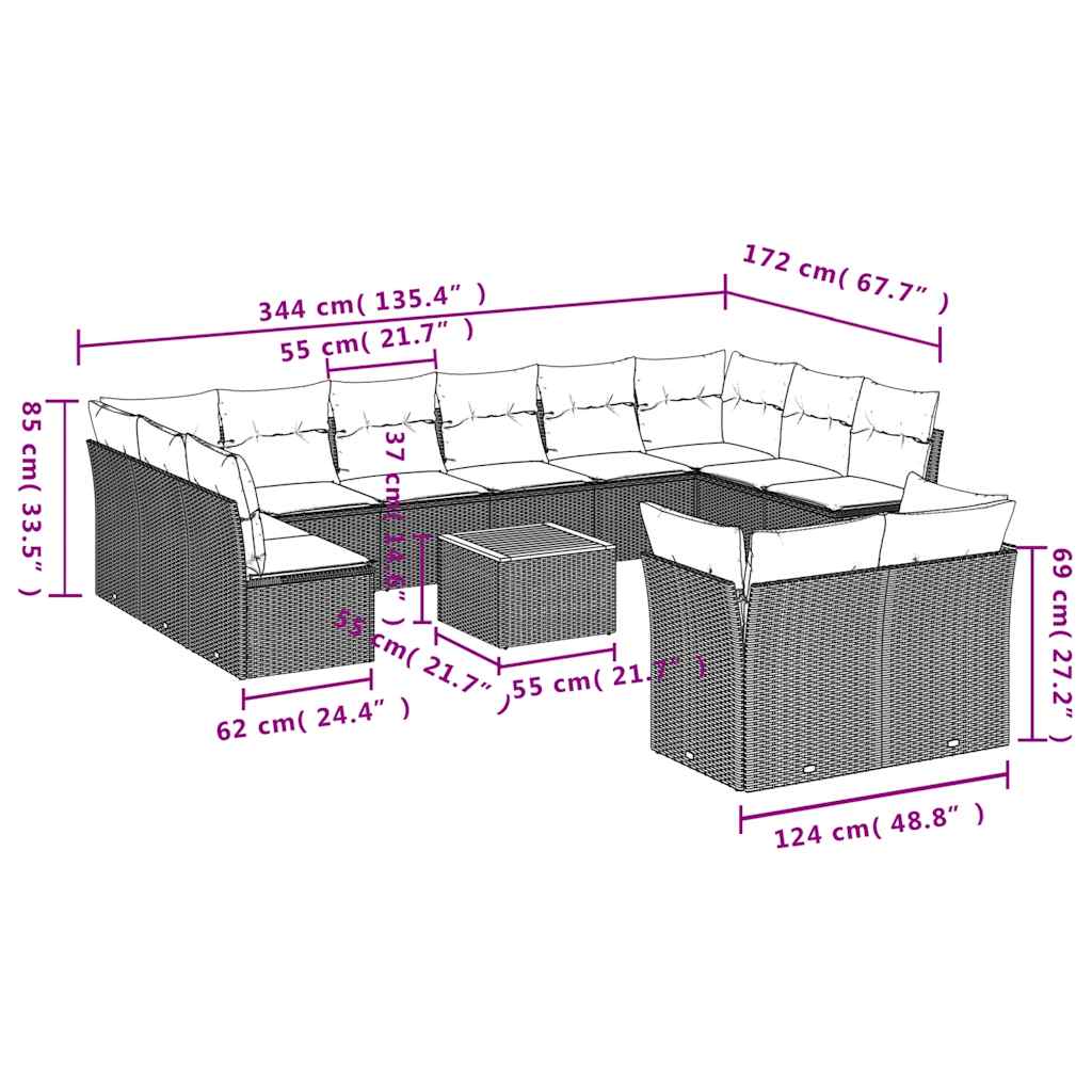 vidaXL Σαλόνι Κήπου 13 Τεμαχίων Γκρι από Συνθετικό Ρατάν με Μαξιλάρια