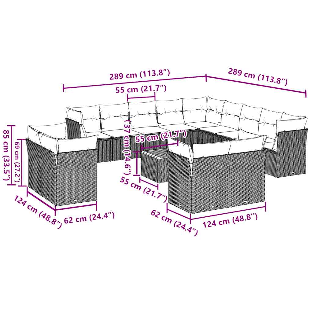 vidaXL Σαλόνι Κήπου 14 Τεμαχίων Γκρι από Συνθετικό Ρατάν με Μαξιλάρια