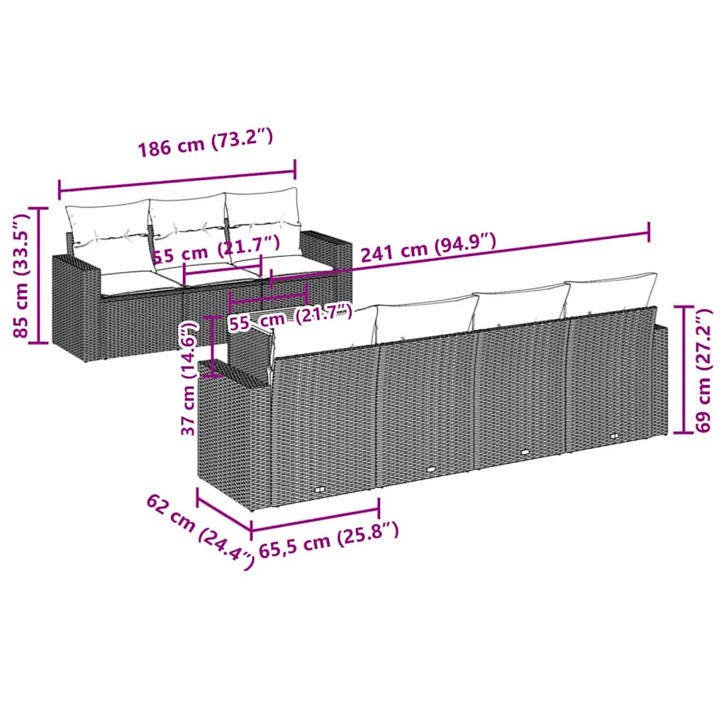 vidaXL Σετ Σαλονιού Κήπου 8 τεμ. Γκρι Συνθετικό Ρατάν με Μαξιλάρια