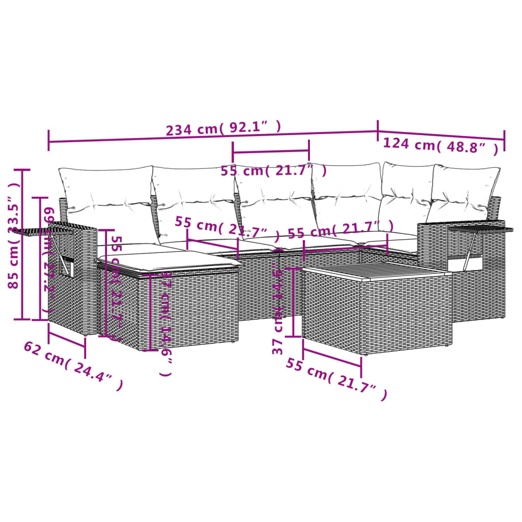 vidaXL Καναπές Σετ 7 Τεμαχίων Μαύρο Συνθετικό Ρατάν με Μαξιλάρια
