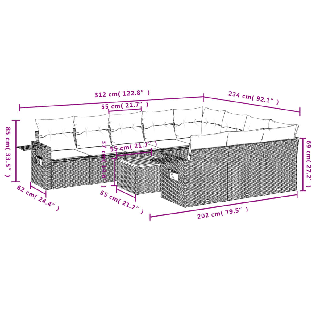 vidaXL Σαλόνι Κήπου Σετ 11 Τεμαχίων Μαύρο Συνθετικό Ρατάν με Μαξιλάρια