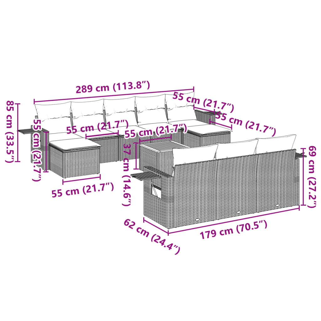 vidaXL Σαλόνι Κήπου Σετ 11 Τεμαχίων Μαύρο Συνθετικό Ρατάν με Μαξιλάρια