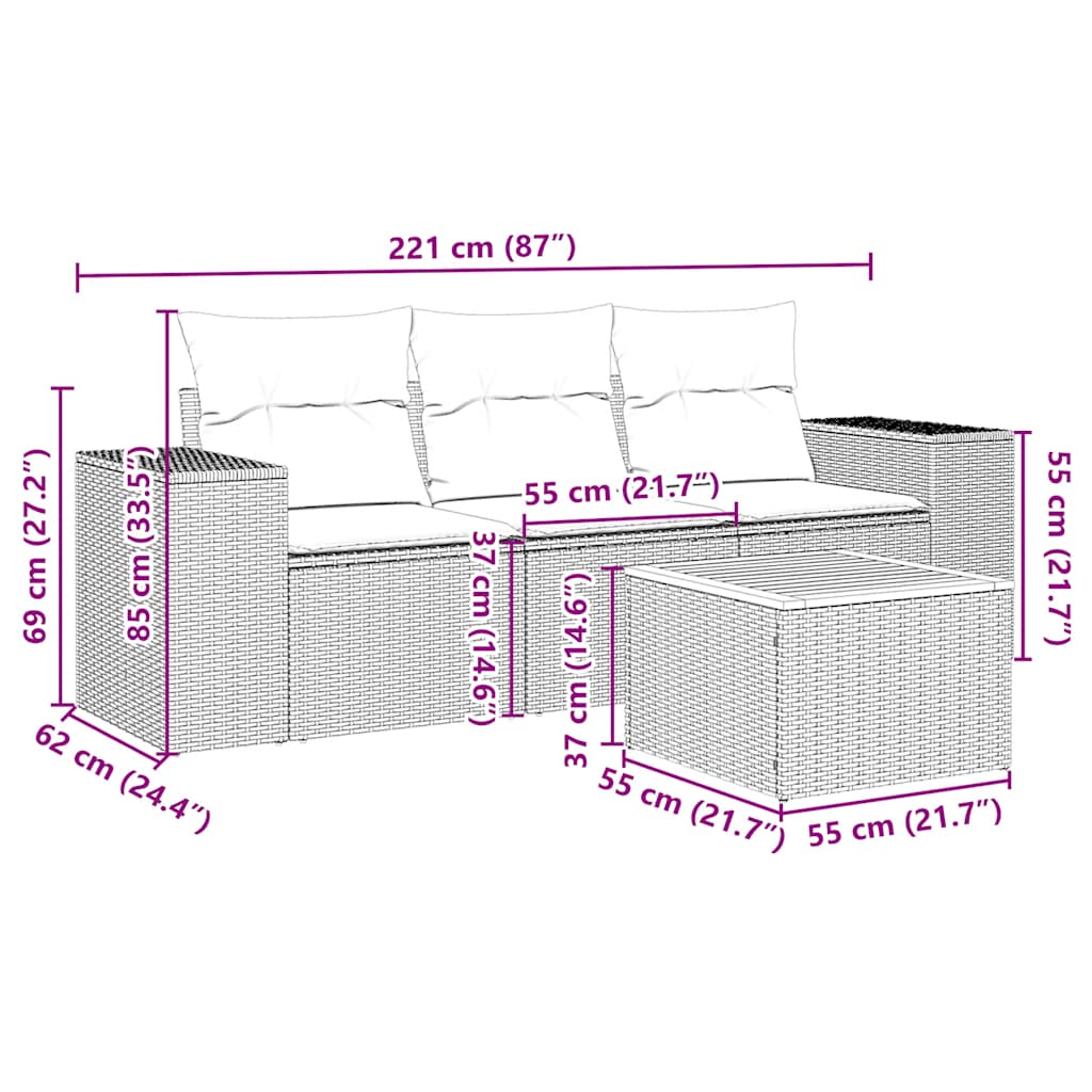 vidaXL Σαλόνι Κήπου Σετ 4 Τεμαχίων με Μαξιλάρια Μαύρο Συνθετικό Ρατάν