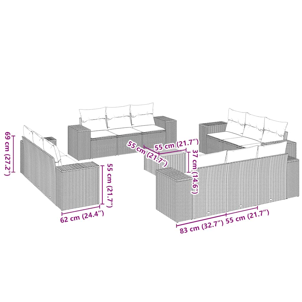 vidaXL Σαλόνι Κήπου 13 τεμ. Μαύρο από Συνθ. Ρατάν με Μαξιλάρια