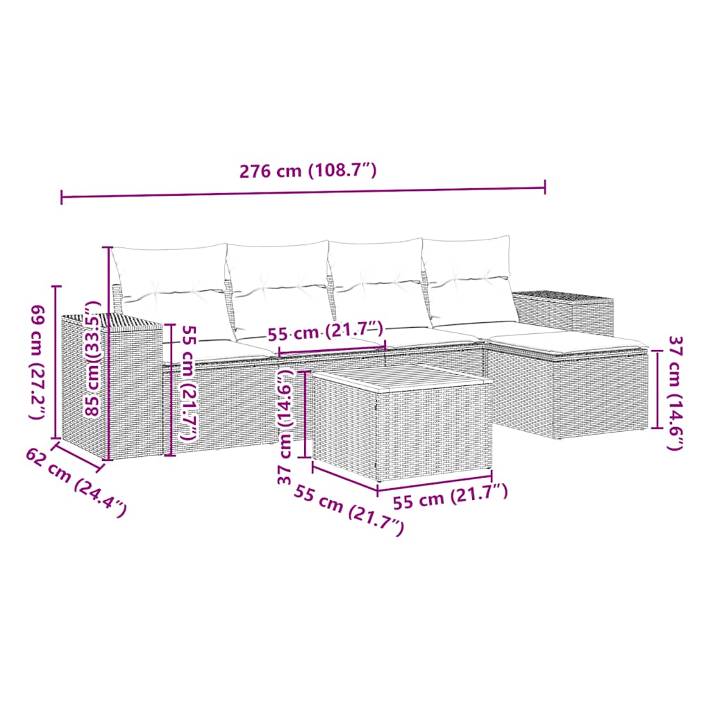 vidaXL Καναπές Κήπου 6 Τεμαχίων Μαύρο από Συνθετικό Ρατάν με Μαξιλάρια
