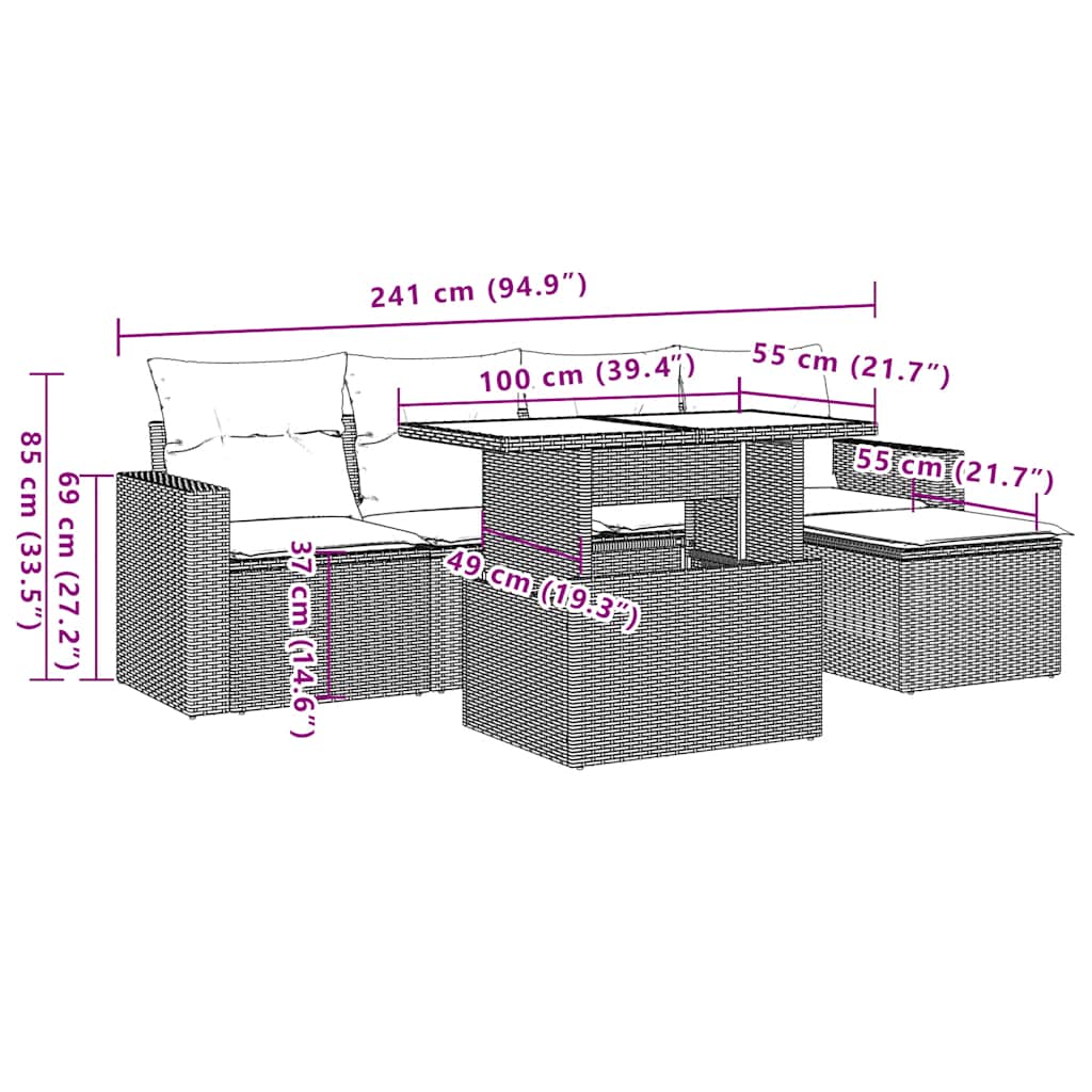 vidaXL Καναπές Κήπου 6 Τεμαχίων Μαύρο από Συνθετικό Ρατάν με Μαξιλάρια