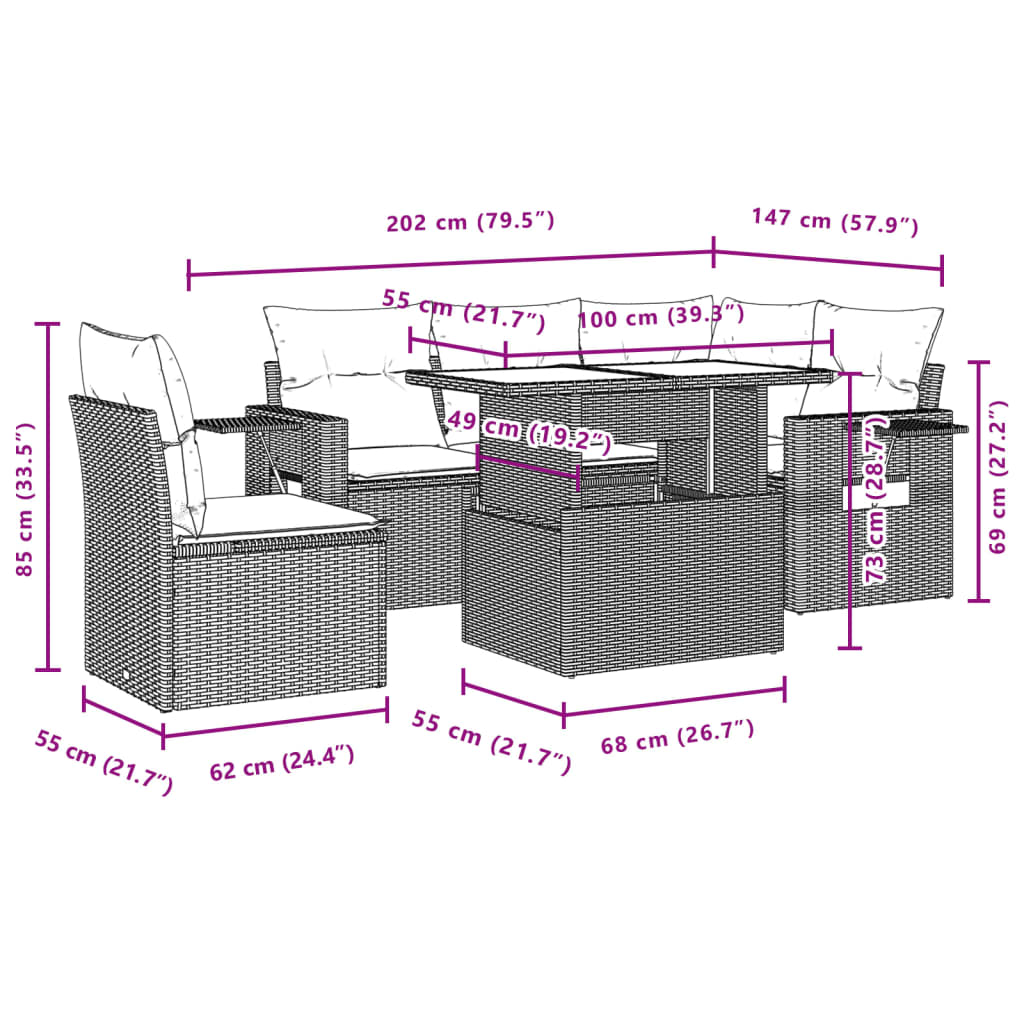 vidaXL Σαλόνι Κήπου 6 Τεμαχίων από Γκρι Συνθετικό Ρατάν με Μαξιλάρια