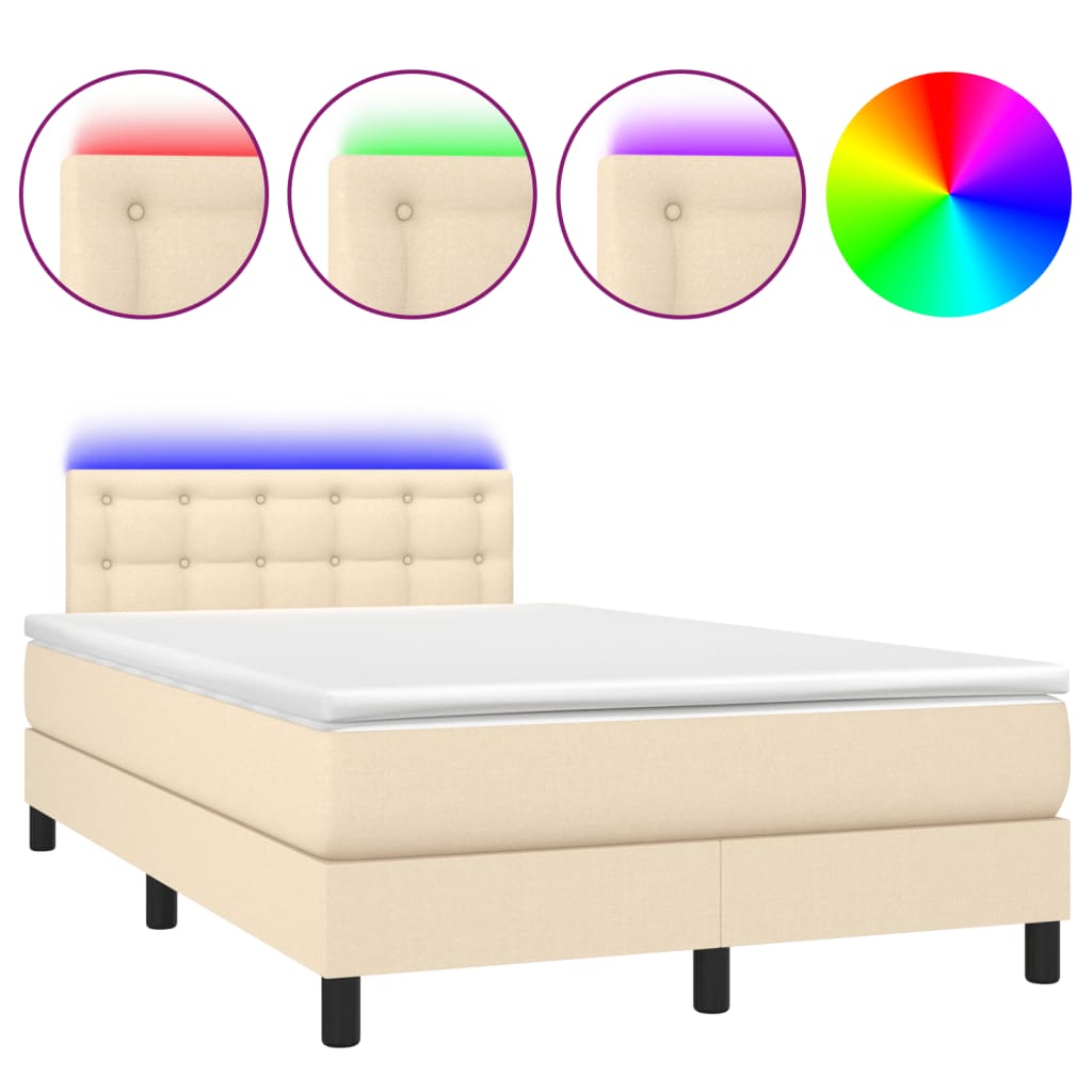 vidaXL Κρεβάτι Boxspring με Στρώμα & LED Κρεμ 120x190 εκ. Υφασμάτινο