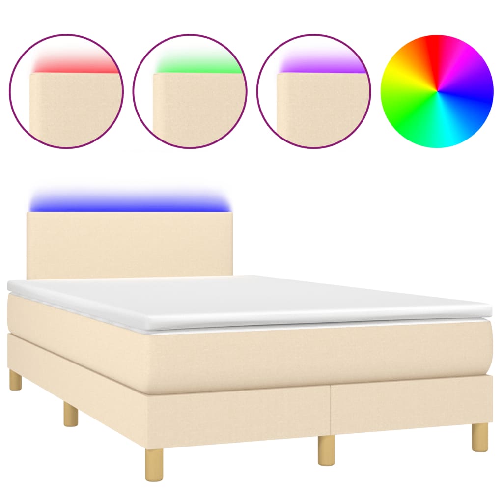 vidaXL Κρεβάτι Boxspring με Στρώμα & LED Κρεμ 120x190 εκ. Υφασμάτινο