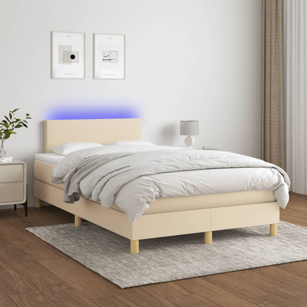 vidaXL Κρεβάτι Boxspring με Στρώμα & LED Κρεμ 120x190 εκ. Υφασμάτινο