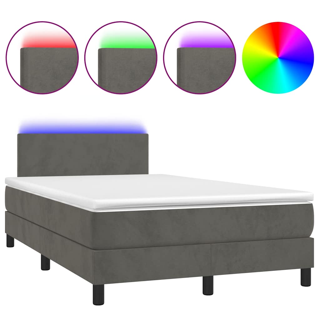 vidaXL Κρεβάτι Boxspring με Στρώμα & LED Σκ.Γκρι 120x190εκ. Βελούδινο