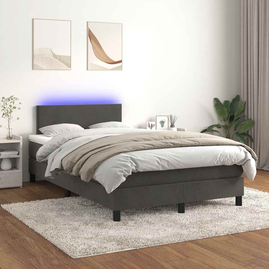 vidaXL Κρεβάτι Boxspring με Στρώμα & LED Σκ.Γκρι 120x190εκ. Βελούδινο