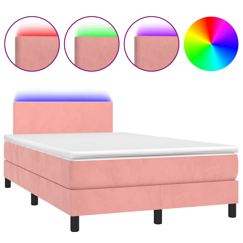 vidaXL Κρεβάτι Boxspring με Στρώμα & LED Ροζ 120x190 εκ. Βελούδινο