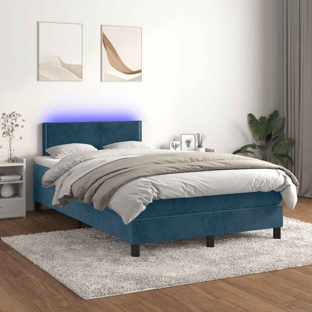 vidaXL Κρεβάτι Boxspring με Στρώμα & LED Σκ. Μπλε 120x190εκ. Βελούδινο