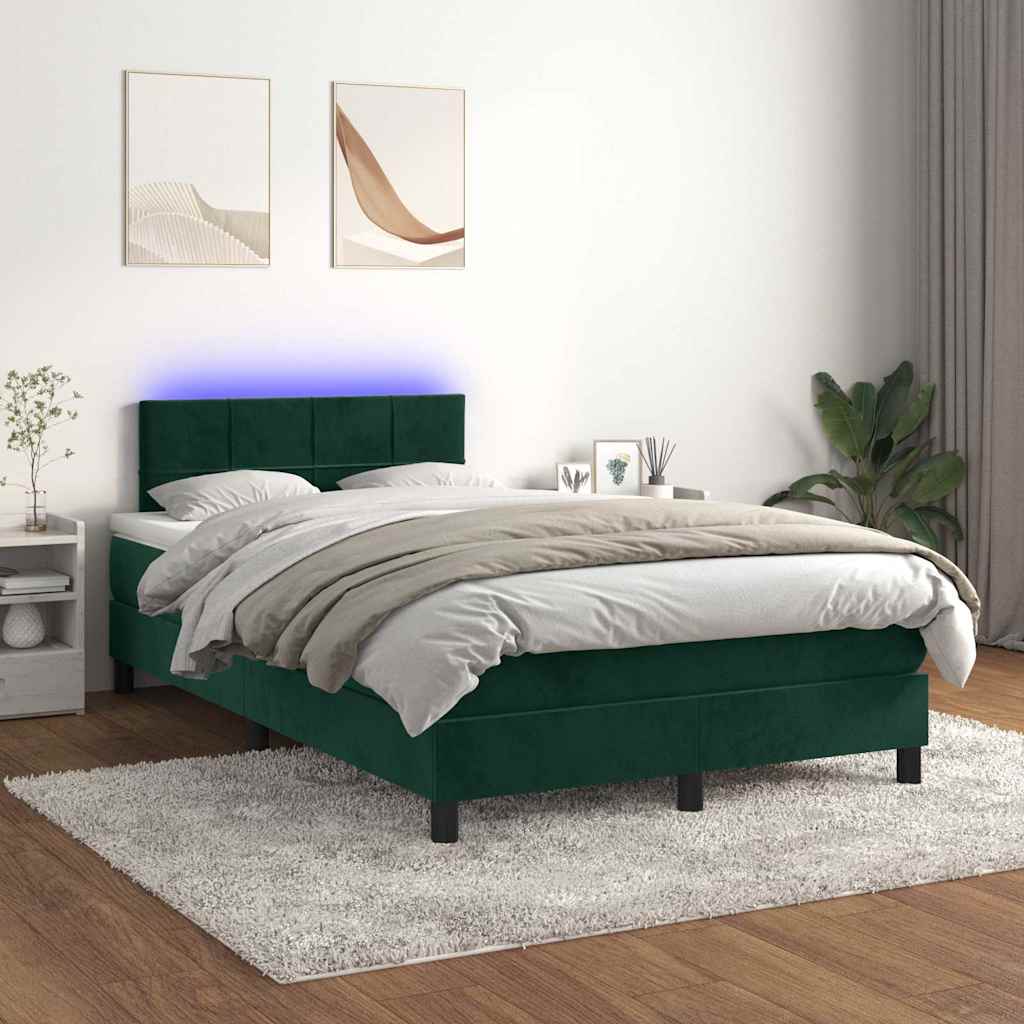 vidaXL Κρεβάτι Boxspring με Στρώμα & LED Σκ. Πράσινο 120x190εκ Βελούδο