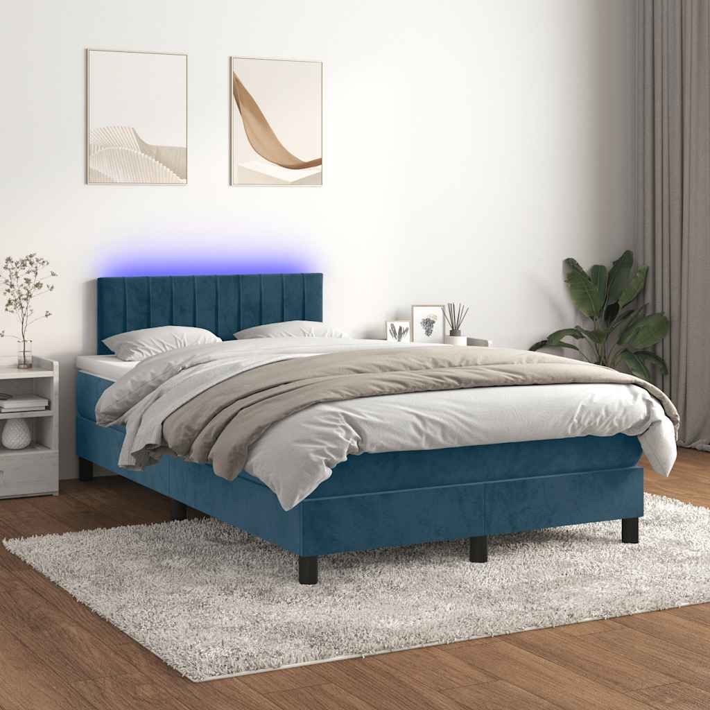 vidaXL Κρεβάτι Boxspring με Στρώμα & LED Σκ. Μπλε 120x190εκ. Βελούδινο